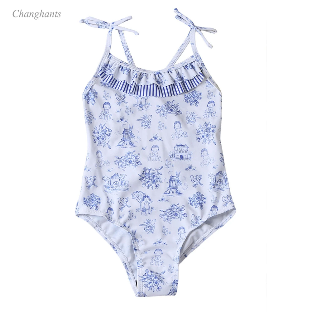 New Model Kid One Piece Swimsuit 1-8 Girl Swimwear with White Light Blue Print Children Sling Swimming Wear Child Bathing Suits