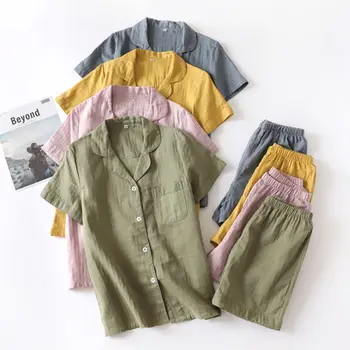 

Women 2Pcs Pajamas Set Short Sleeve Lapel Top Shorts Solid Color Loose Sleepwear