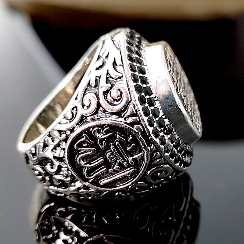 Vintage Arab Scripture Ring Islam Muslim Rune Pattern Rings Men 39 s Black Crystal Inlaid Metal