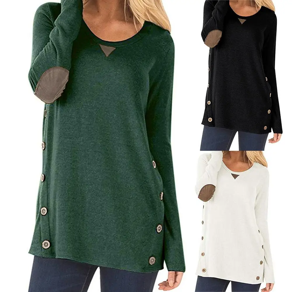 

Women Casual Lloose Color Contrast Solid Color Double-breasted Long Sleeve Round Neck Top Suede Patch Shirt