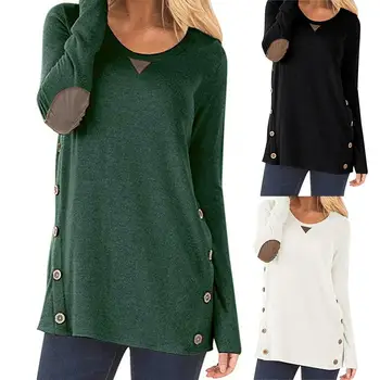 

Women Casual Lloose Color Contrast Solid Color Double-breasted Long Sleeve Round Neck Top Suede Patch Shirt