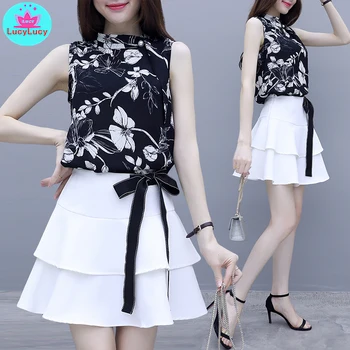

2019 summer new women's slim suit Western style French style skirt 2 sets Turtleneck Regular Above Knee, Sleeveless Casual