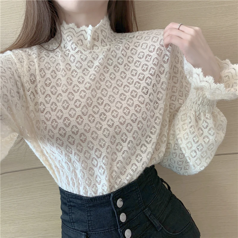 

New Autumn / Winter 2020 Ladies' Top Sweet Trumpet Sleeve Stand Collar Lace Shirt Versatile Korean Version Temperament Sexy