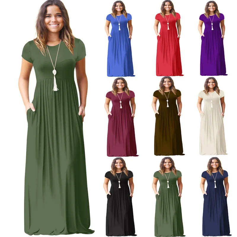 

2019 Fashion Summer Dresses Womens long Dress Round Neck Short Sleeve Loose Slim Commuter Casual Solid Color Pocket Dress