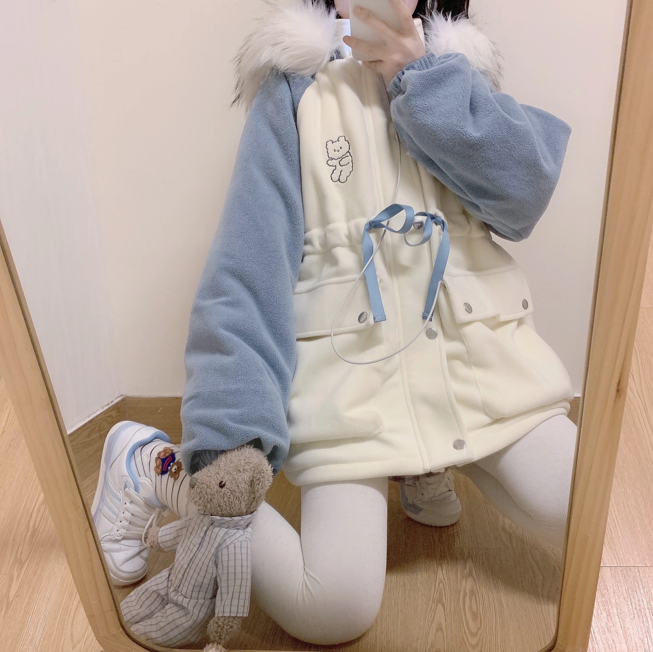 

Japanese New Winter Preppy Style Soft Girly Coat Sweet Cartoons Embroidery Bear Cute Hooded Kawaii Keep Warm Cotton Clothes