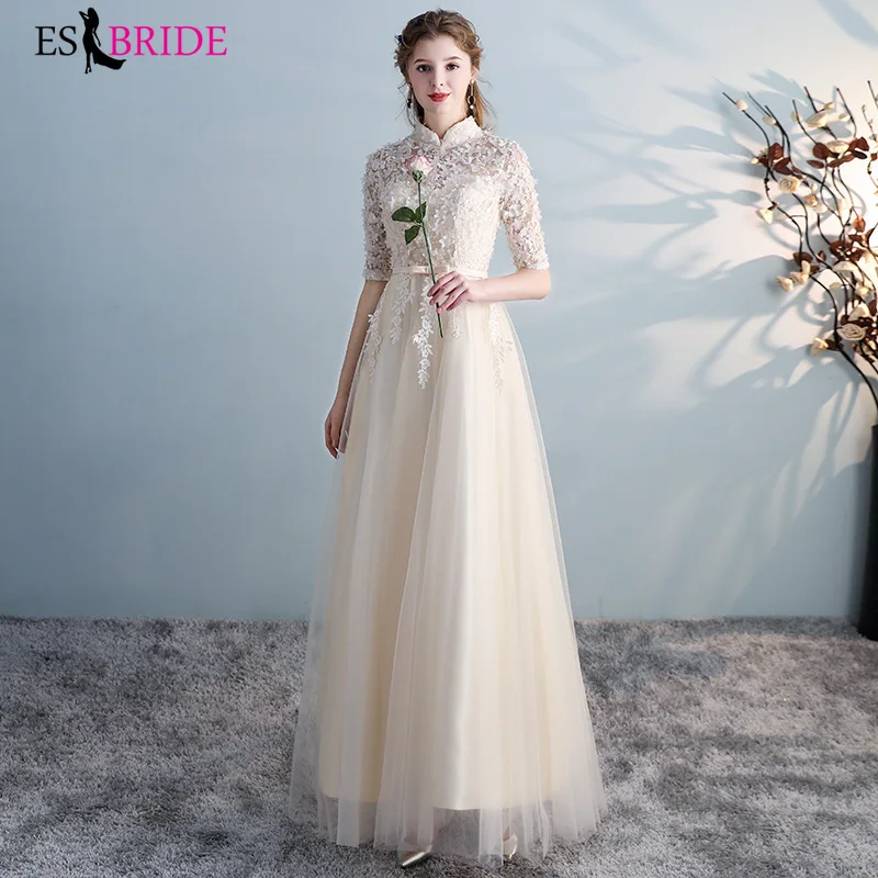 

Women Elegant Evening Dresses Long Champagne Sexy A-Line Lace Long Backless Tulle Party Evening Gowns