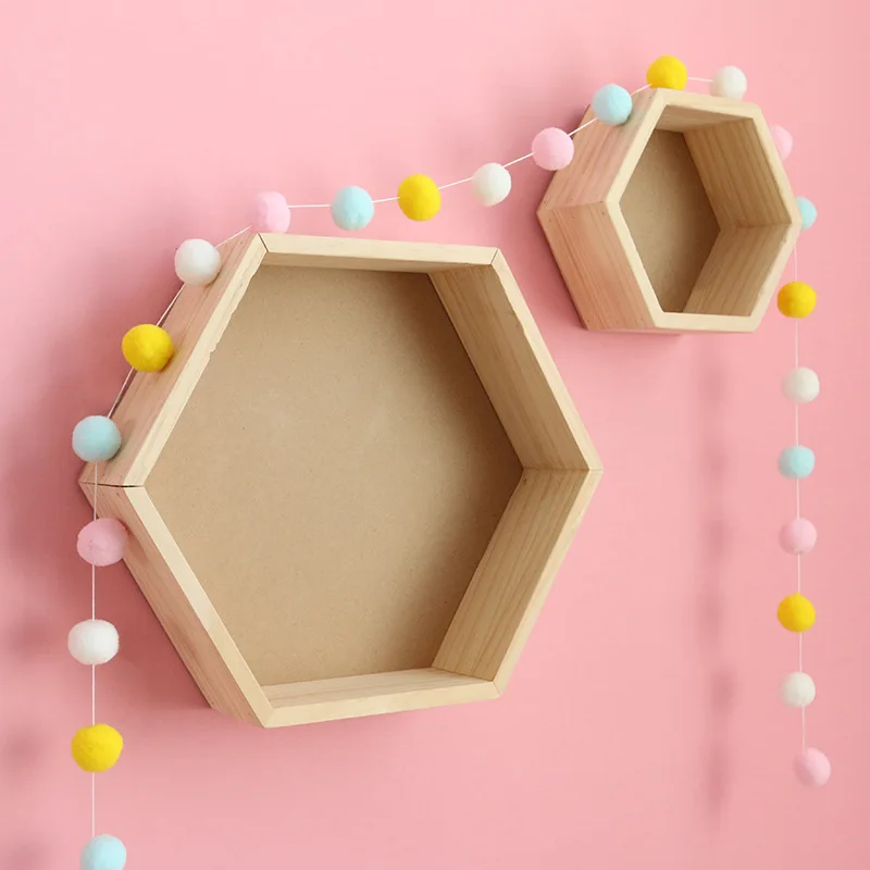 

Natural Wooden Hexagon Shelf Children's Room Decoration Wall Storage Rack Pink Floating Shelves Girl Room Home Living Room Decor