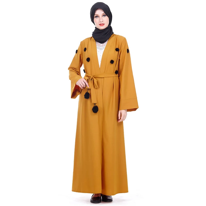 

Ramadan Muslim Fashion Yellow Belt Cardigan Robe Islam Kaftan Women Robe Arab Kimono Long Skirt Morocco Abu Dhabi Dress Abaya