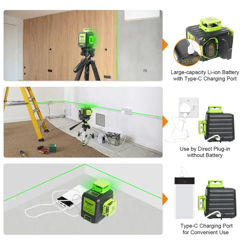 Huepar 12 Lines 3D Green Laser Level Horizontal And Vertical Cross Lines Auto Self-Leveling With Hard Case Indoors and Outdoors laser level