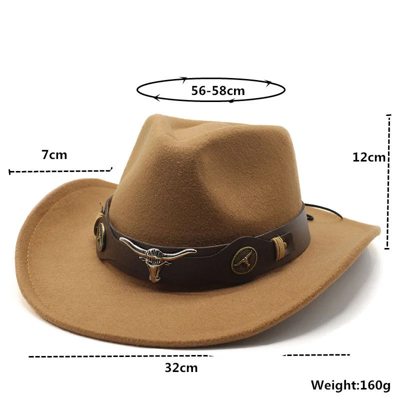 Wome Men Black Wool Chapeu Western Cowboy Hat Gentleman Jazz Sombrero Hombre Cap Dad Cowgirl Hats Size 56-58cm
