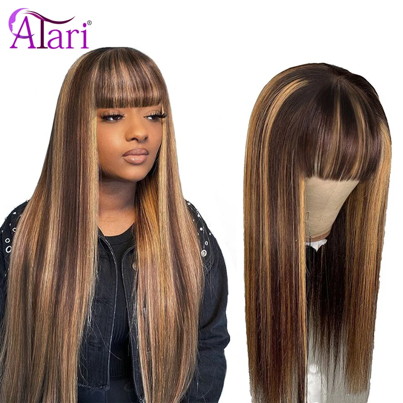 Mettre en évidence perruque 99J péruvienne droite cheveux humains perruques avec frange 100% vierge cheveux humains brun Blonde perruques pleine Machine faite perruque