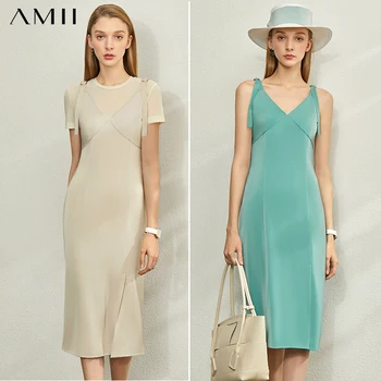 

AMII Minimalism Spring Summer 2pcs Set Solid Slim Fit Tshirt Sling Vneck High Waist Calf-length Fenale Dress 12070204