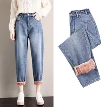 Зимние теплые джинсы для женщин, джинсы для мам, джинсовые свободные женские штаны с высокой талией, синие укороченные брюки с широкими штанинами, тянущиеся брюки с эластичной резинкой на талии, 16