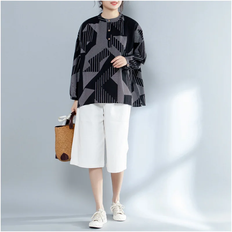 

2019 Spring Loose-Fit Korean-style Contrast Color Large Size Geometric Stripes Long Sleeve Graphics Printed Shirt Tops WOMEN'S D