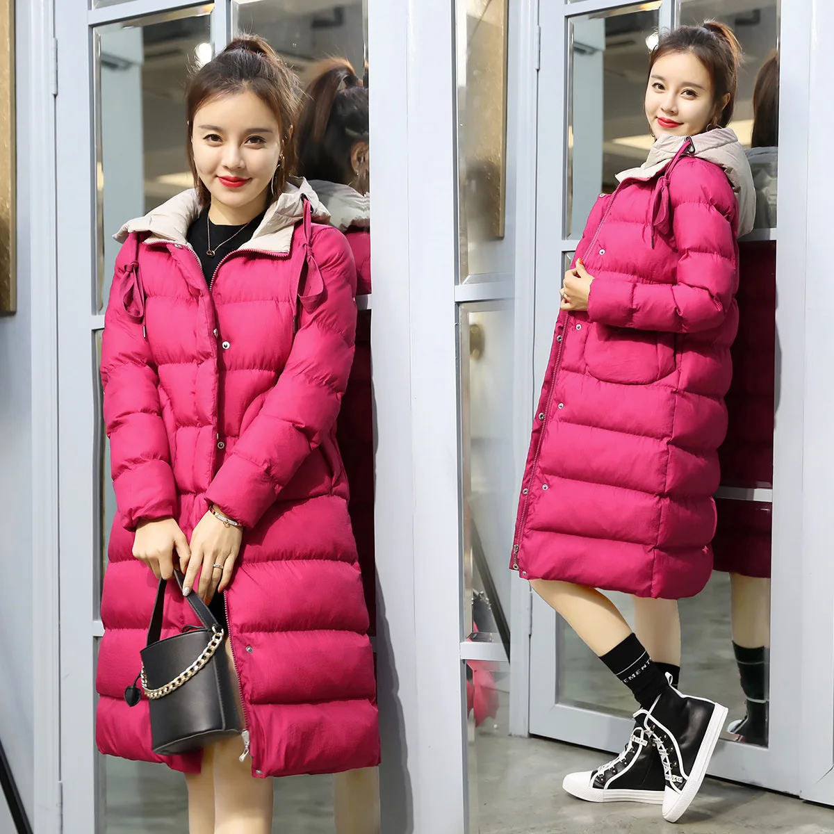 

New Products Long Sleeve Mid-length Slim Fit 2018 Winter Style Zipper Hooded Solid Color Students Cotton-padded Clothes Cotton C