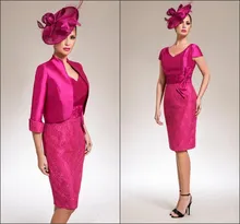 

Fuchsia Mother Of The Bride Dresses Sheath Knee Length With Jacket Lace Bow Groom Short Mother Dresses For Wedding