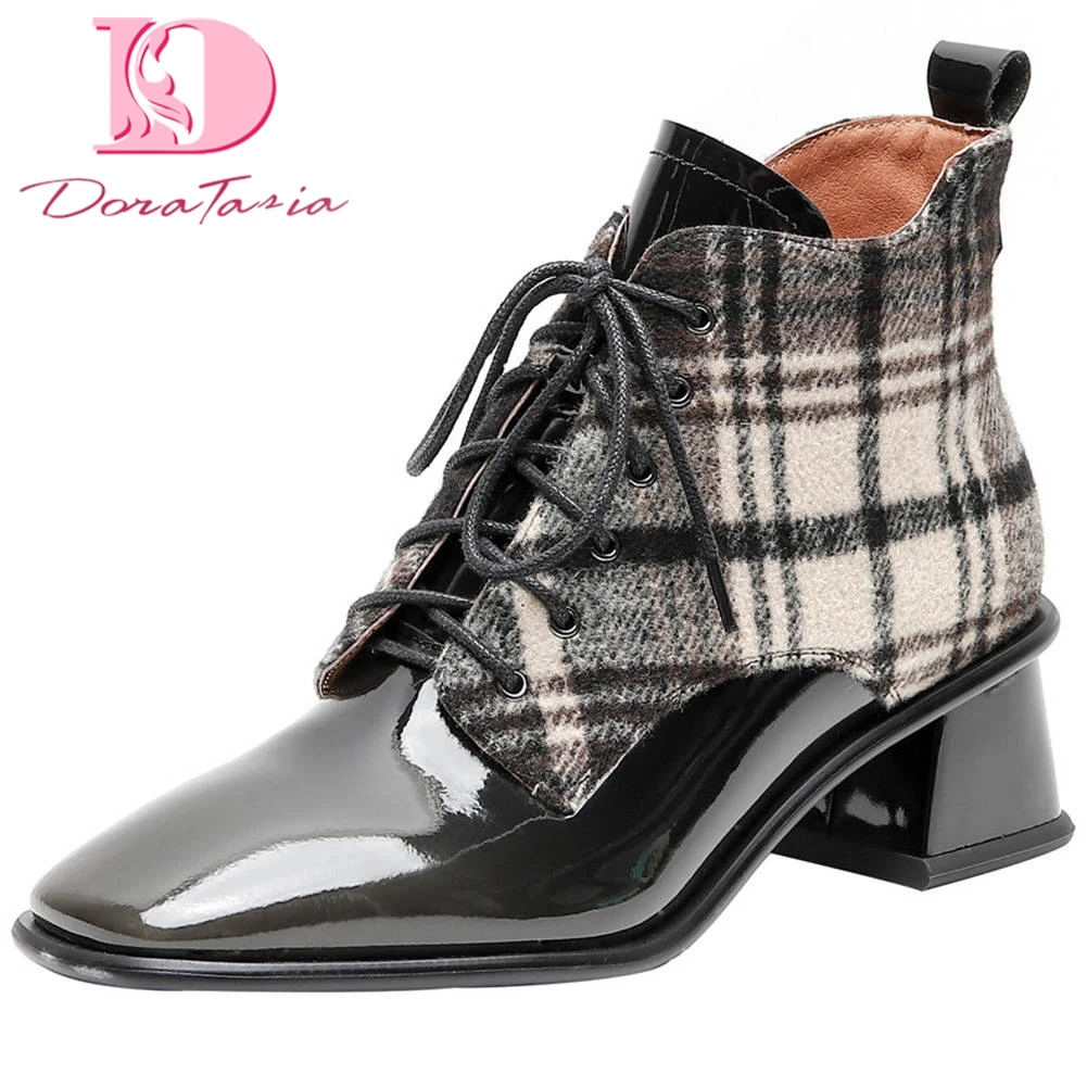 

Doratasia 2020 top quality shoelaces patent leather ankle Boots Woman Shoes Women chunky heels lady Boots female shoes booties