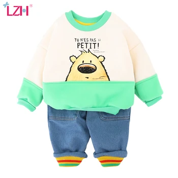 

LZH 2020 Autumn Printting Bear Plus Velvet Sweater Jeans 2Pcs Set Cute Cotton Kids Clothing Casual Baby Girl Tracksuit Boys Suit