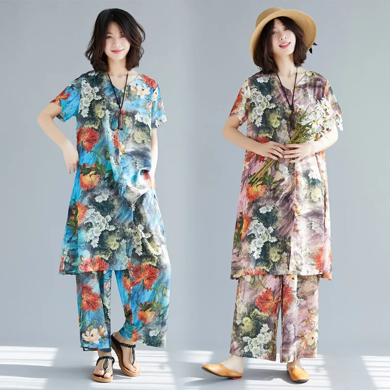 

Photo Shoot 2019 Summer Literature And Art Large Size Chiffon Printed Cardigan + Capri Pants Two-Piece Set