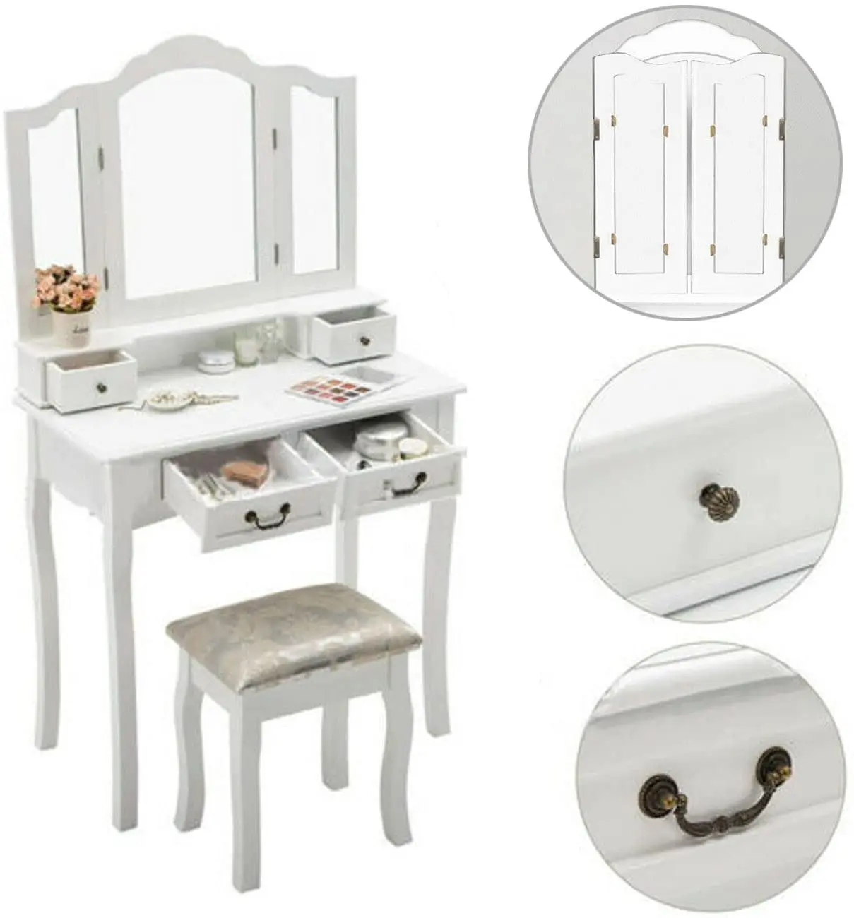 Tavolo Da Toeletta Con Specchio E 4 Cassetti - Bianco E Grigio, 90x40x135 Cm, Con Sgabello - Foto 7