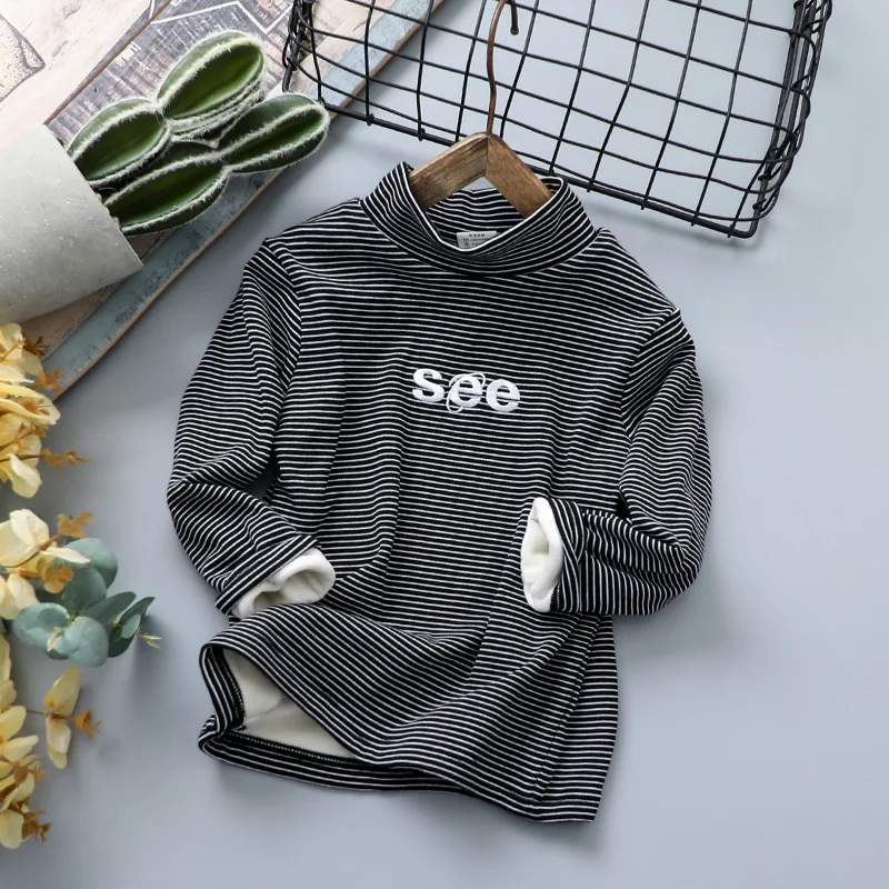 Children's clothes in winter lap high collar stripe Top with long sleeves Warm fleece long-sleeved T-shirt black white - Цвет: dark gray