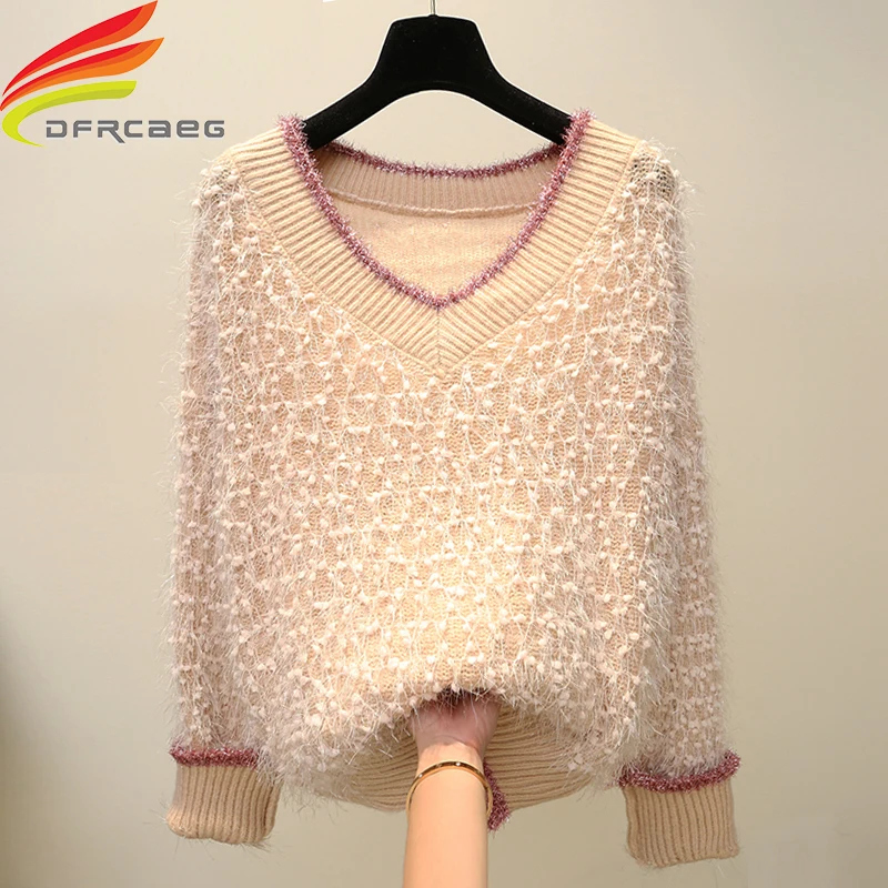 Повседневный вязаный свитер женский с кисточками v-образный вырез длинный рукав