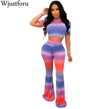 

Wjustforu Print Casual 2 Piece Set For Women Short Sleeve T-shirt + Flare Pants Female Autumn Bodycon Two Piece Set Tracksuit