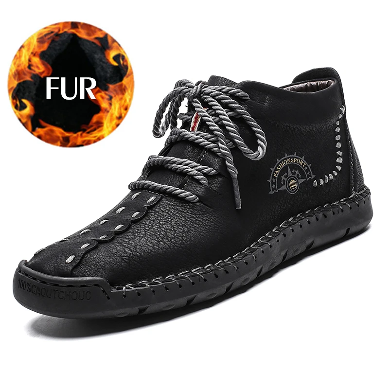 Модные зимние мужские ботинки водонепроницаемые зимние ботинки из натуральной кожи теплые ботинки на меху легкие высокие ботильоны Большие размеры 48 - Цвет: Black Fur