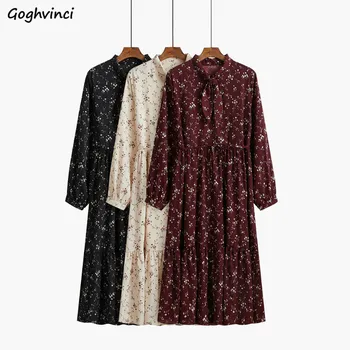

Women Dresses Floral Korean Style Chiffon Breathable Casual Soft Elegant Womens Chic Vintage Long Sleeve Daily Spring Ins New