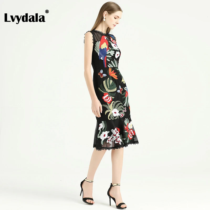 Lvydala, модное дизайнерское платье, весна-лето, женское платье, Зеленый лист, цветы, Бабочка, попугай, вышивка, платье русалки