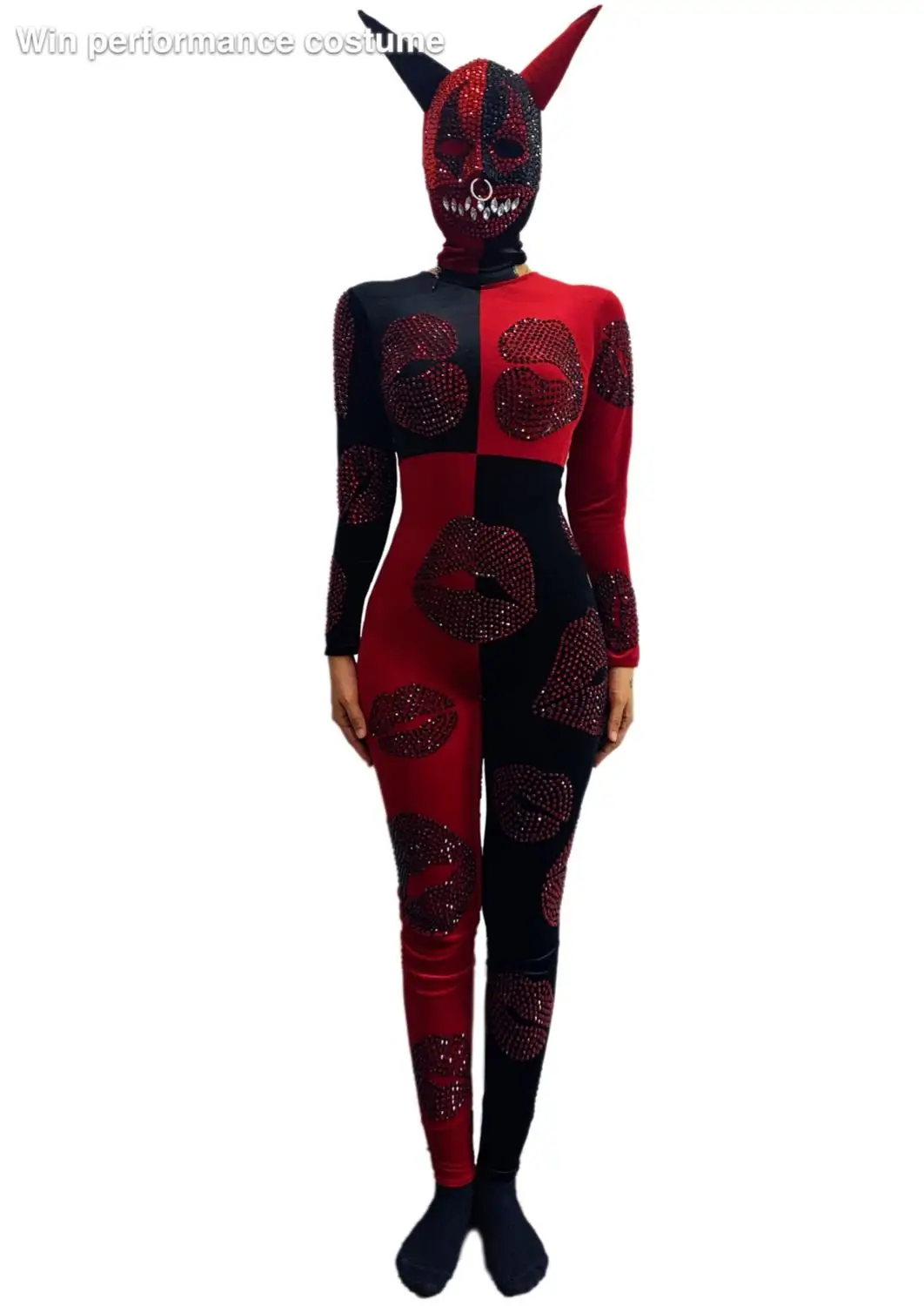 Halloween Outfit Bodysuit Singer Party Show Shining Wear Stage Rhinestone CostumeRed ghost head mask headgear Cosplay Adult Scar