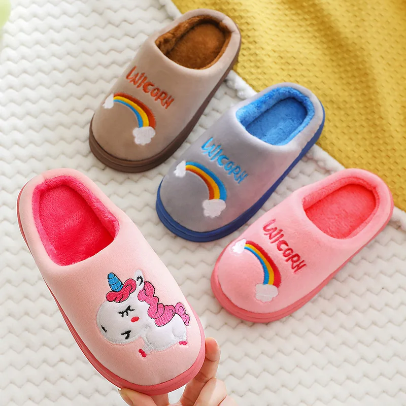 Зимние детские тапочки с мультяшным радужным розовым единорогом для девочек