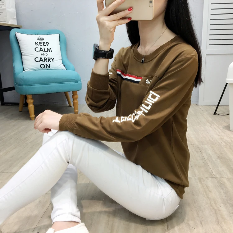 Футболка Outono Moda Feminina, топы с длинными рукавами и круглым вырезом, футболки, повседневные футболки Senhora Magro Roupas, большие размеры