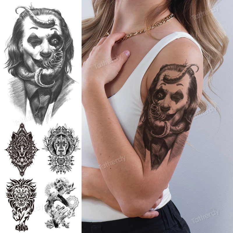 cool arm sleeve tattoo clown skull dragon unique tattoo designs body art  painting water transfer tattoo fake sexy for men women|Temporary Tattoos| -  AliExpress
