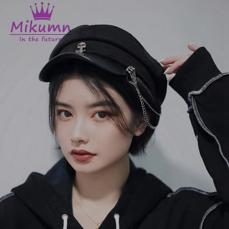 

Harajuku Vintage Skull Chain Black Berets Hat Dark Gothic Women Flat Cap Streetwear