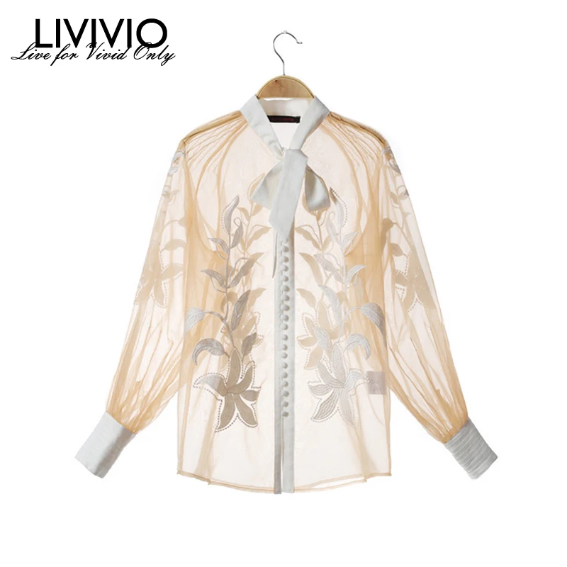  [LIVIVIO] Sheer Tops Embroidery Floral Long Lantern Sleeve Sheer Tops Women Elegant Blouses Chiffon