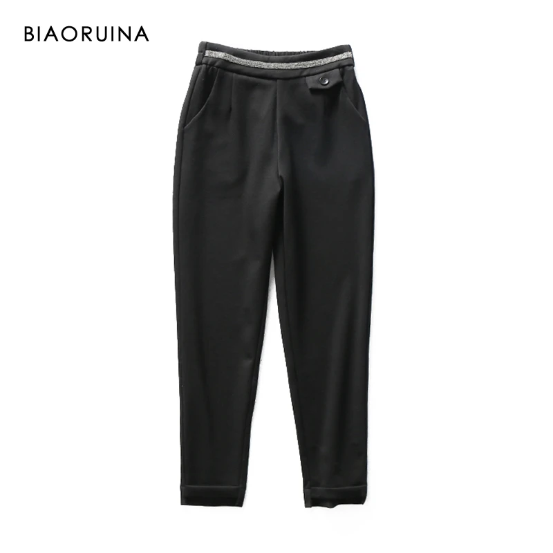 

BIAORUINA Women's Black Elegant Ankle-Length Harem Pant Beading Chains Elastic High Waist Fashion Office Lady Elegant Pants