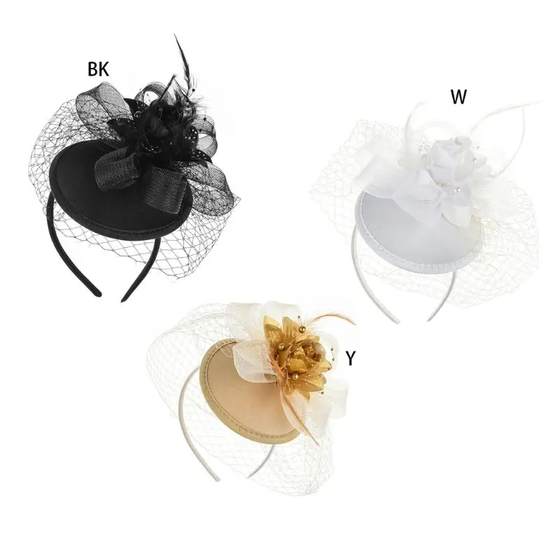 Для женщин чародей вечерние вуаль перо заколка для волос топ шляпа сетка свадебное платье с бантом и повязка на голову для девочек аксессуары для волос