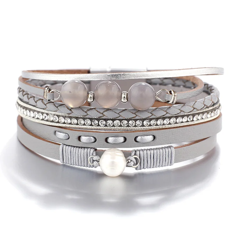 ALLYES Boho плетеный кожаный браслет для женщин натуральный жемчуг Кристалл Шарм Многослойные браслеты и браслеты женские ювелирные изделия - Окраска металла: Gray