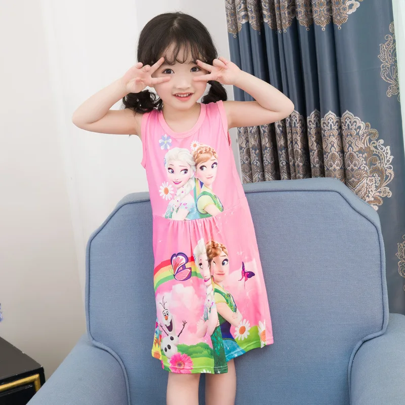 Disney Summer sleepwear children's short-sleeved nightdress girls cotton pajamas frozen dress baby robes children's clothing