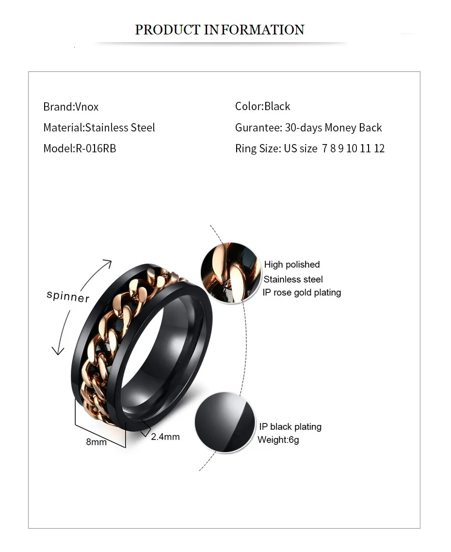 Vnox стильные мужские 8 мм обручальные кольца кольцо с Spinner звено цепи из нержавеющей стали anel masculino erkek подарки