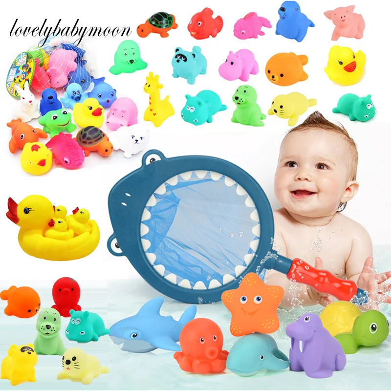 1 Set animales mezclados agua de baño juguetes flotante blando de goma pato sonido al estrujar Squeaky juguete | Baño de pato de juguete | Bebé juguetes de baño