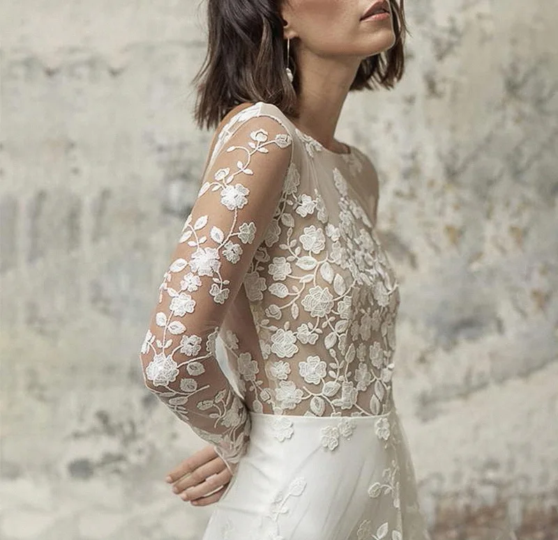 Sexy Open Back Wedding Pant Suits For Brides With Train Applique Lace Long Sleeves Wedding Jumpsuits Women Elegant Formal Dress