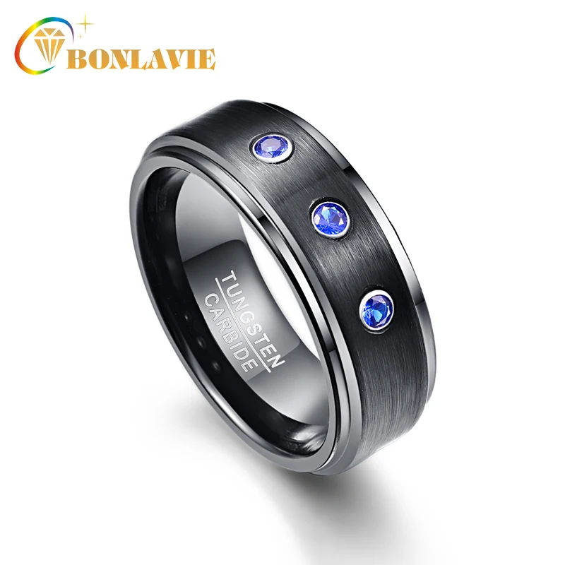 

BONLAVIE 8MM 100% Tungsten Carbide Rings for Men 3PCS Blue CZ Stone Tungsten Ring Wedding Brand Men's Ring Jewelry