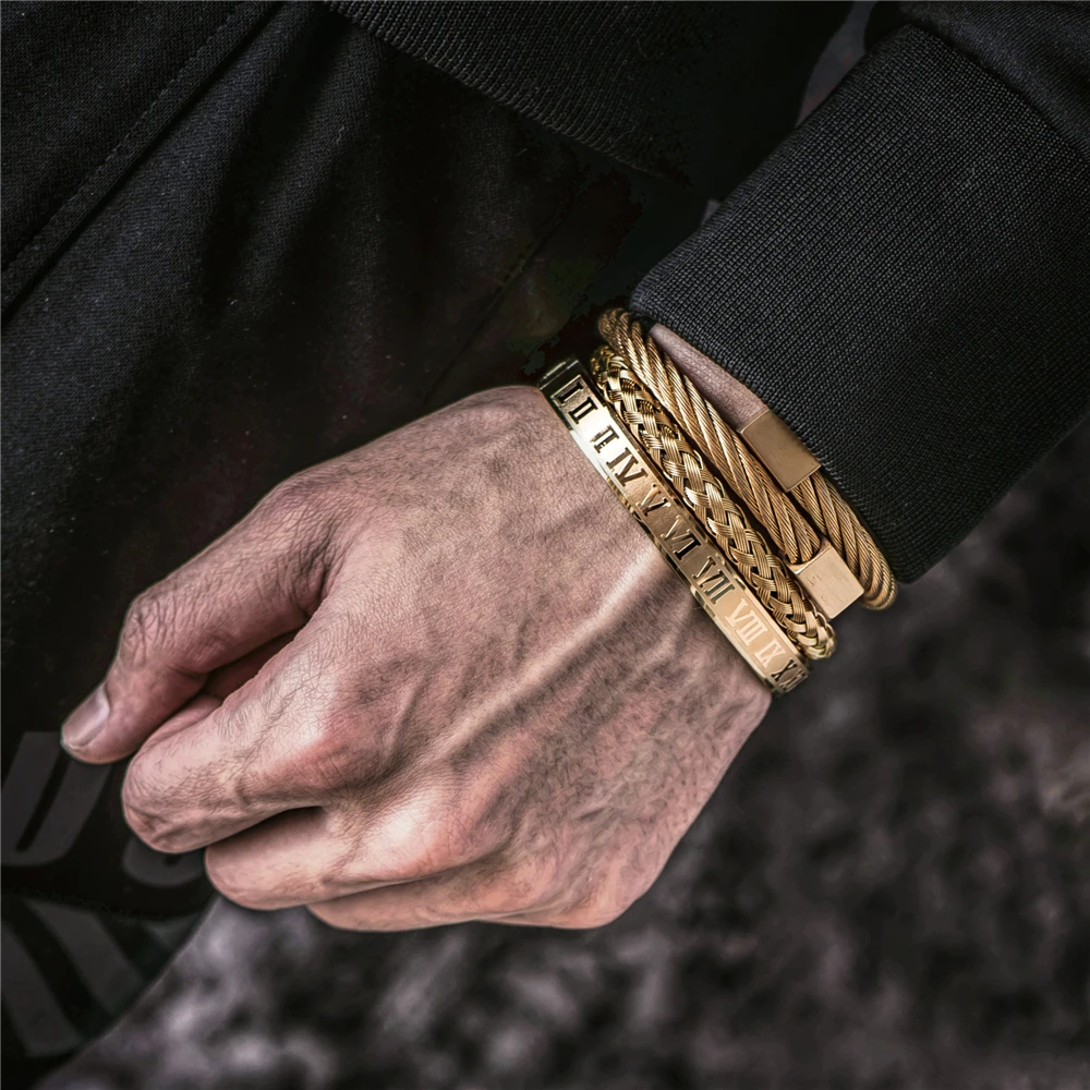 Luxury Roman Number Charm Woven Stainless Steel Bracelet Hip Hop Men Jewelry Gold Color Jewelry For Men Pulseira Bileklik bracelet jewelry