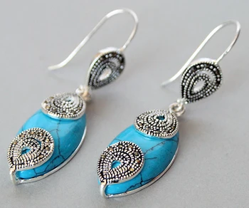 

Elegant 925 Silver Jewelry Blue Natural jade Marcasite Waterdrop Earrings 14/5"