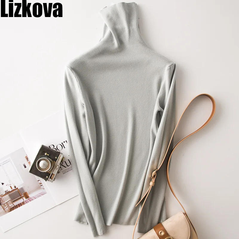 

2019 Women Sweater Solid Color Knitted Heaps Collar Pullover Sweater Long Sleeve Slim Sweater