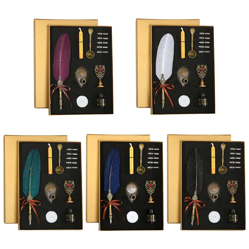 

Sprinkle Gold Luxury Vintage Feather Quill Dip Calligraphy Fountain Pen Writing Ink 5 Nibs Set Stationery Gift Box