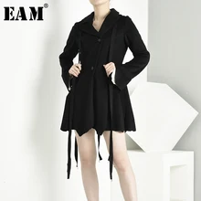 [EAM] свободное приталенное шерстяное пальто с черной лентой, пальто, парки, новинка, длинный рукав, женская мода, Осень-зима JK1040
