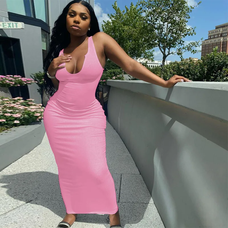 

Women Close-Fitting Sleeveless Ribbed Skinny Mini Dress Solid Colorbodycon Long Dress Pink/green/white/black